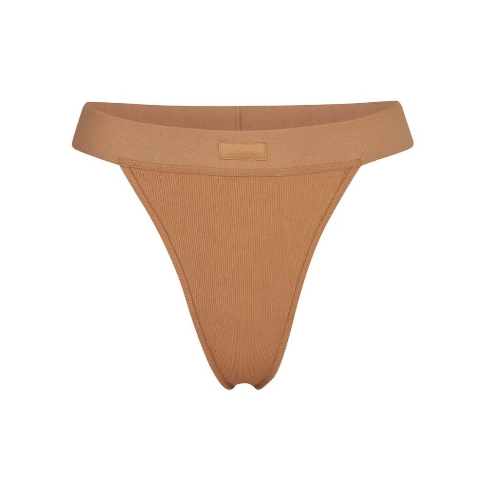 Skims Women Camel Cotton Blend High-Cut Wide Waistband Rib Thong Panty Sz Medium